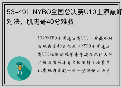 53-49！NYBO全国总决赛U10上演巅峰对决，肌肉哥40分难救